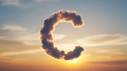 Letter C Shaped Cloud Floating in Dramatic Golden Sunset Sky. Creative Capital Alphabet Font Formed by Smoke or Vapour, 3D Rendered Design Element.