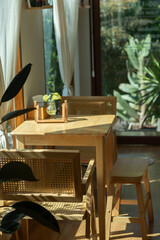Cafe interior with wooden tables and small plants