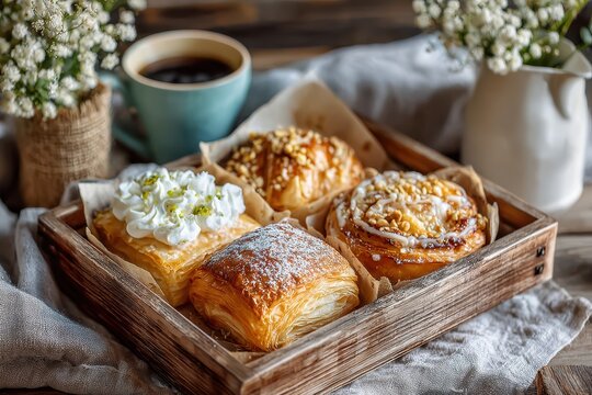 Homemade Pastries on a Wooden Tray with Coffee and Flowers, Featuring Sweet Treats like Cinnamon Rolls, Danish Pastries, and Whipped Cream, Perfect for Breakfast or Tea Time