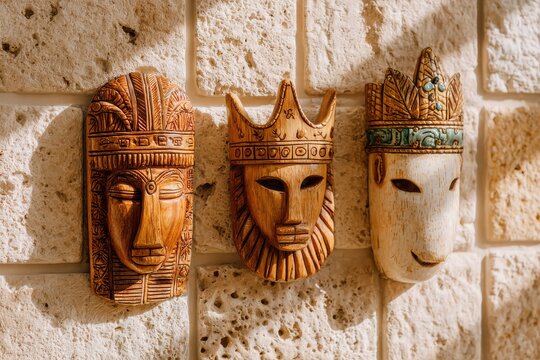 Intricately Carved Wooden Masks Displayed on a Textured Stone Wall, Showcasing Unique Cultural Artistry and Craftsmanship in Home Decor Settings