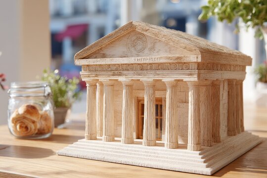 Intricately Crafted Miniature Wooden Model of a Classical Temple Featuring Columns and Detailed Architecture in a Bright, Cozy Environment