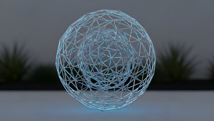 Abstract wireframe sphere glows softly on a reflective surface, creating a futuristic and technological atmosphere with subtle lighting and blurred plants in the background.