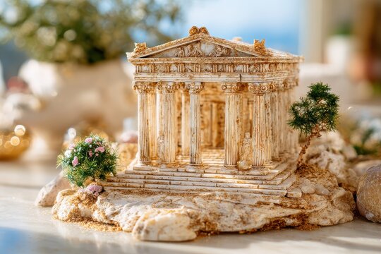 Miniature architectural replica of an ancient temple with intricate details and natural decor, featuring soft textures and vibrant colors that create a serene atmosphere.