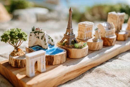 Miniature Landmarks on Display: Iconic Structures from Around the World Showcased on Natural Wood Base with Scenic Background and Textured Fabrics