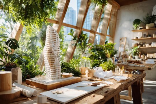 Modern architectural model in a bright urban studio surrounded by greenery and natural light, showcasing innovative design concepts and materials.