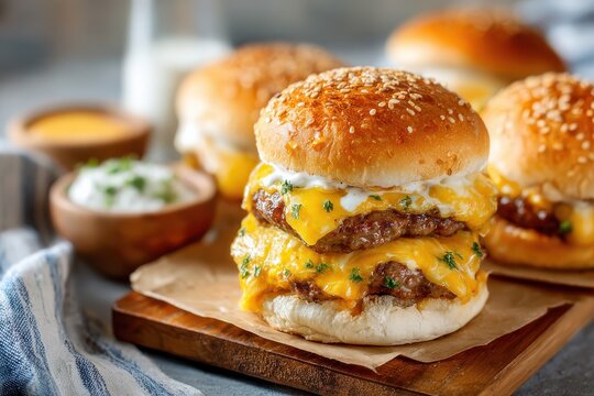 Mouthwatering double cheeseburger with melted cheese, fresh ingredients, and sesame seed bun on a rustic wooden board, perfect for food photography and advertising