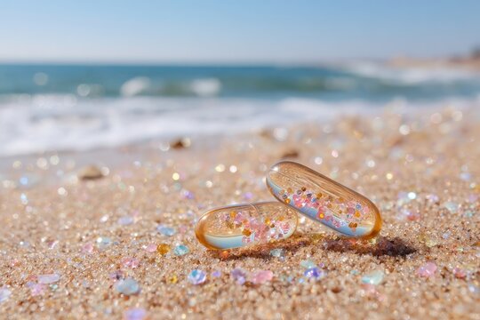 Radiant Capsules with Colorful Glitter on a Sandy Beach Shoreline Overlooking Calm Ocean Waves under Clear Blue Sky