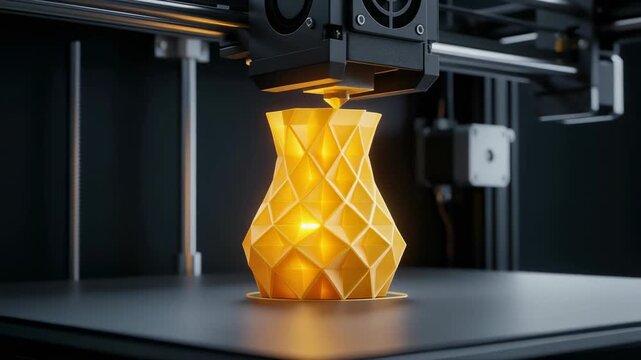 Stunning 3D printing process creating a vibrant geometric vase design in a modern workshop