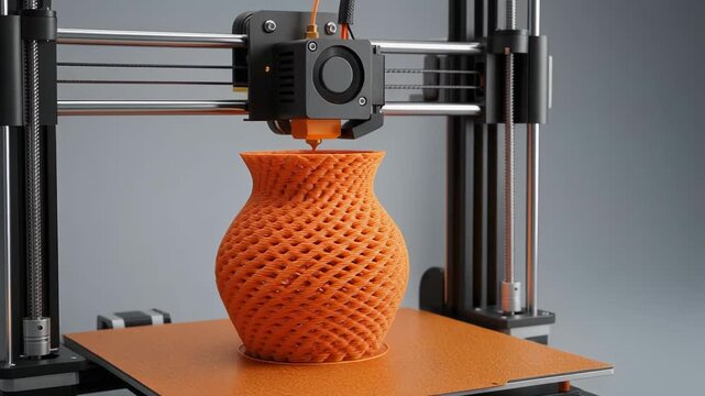 High-quality 3D printer producing intricate orange vase design in modern workspace