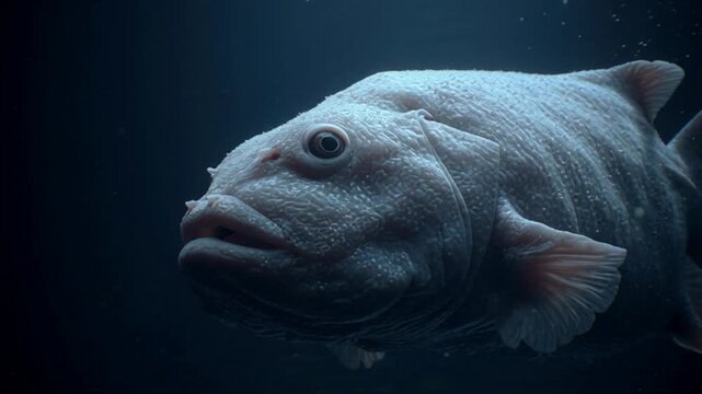 Deep sea blobfish floating in dark blue water