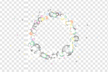 Translucent pastel soap bubbles forming an oval shape with soft light reflections on transparent background. Sparkling light design vector. 
