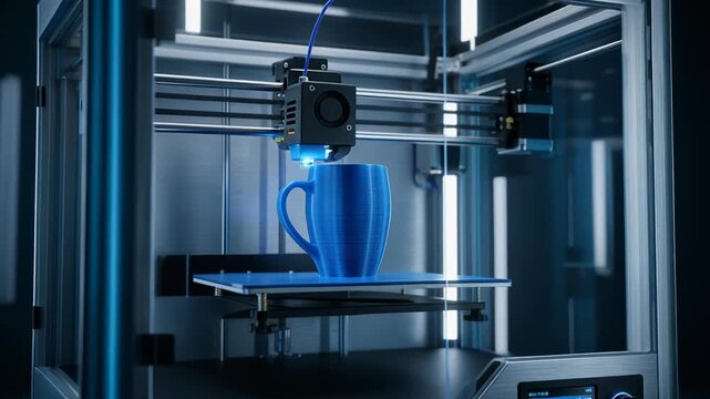 Sleek 3D printer with a blue mug design in a high-tech environment