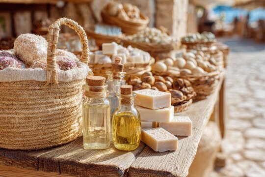 Rustic Market Display Featuring Handcrafted Soaps, Natural Oils, and Artisan Baked Goods in a Charming Outdoor Setting