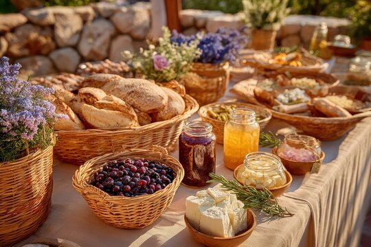 Rustic Outdoor Feast with Fresh Bread, Jars of Preserves, and Colorful Fruits Surrounded by Beautiful Flowers on a Wooden Table in Natural Setting