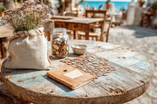 Rustic Table with Coins, Notebook, and Flowers in a Warm Atmosphere of a Cozy Outdoor Caf&eacute; by the Sea, Perfect for Travel and Lifestyle Themes