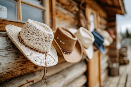 Rustic Western Hats Displayed on a Wooden Cabin Exterior with Natural Textures and Warm Atmosphere, Ideal for Country Lifestyle and Fashion Themes