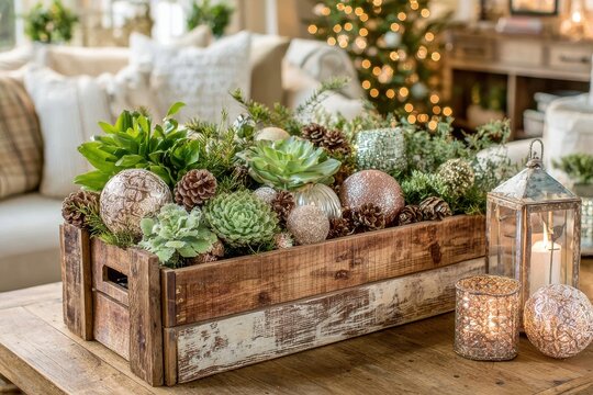 Rustic Wooden Crate with Succulents and Pinecones Decorated for a Cozy Holiday Living Room Setting with Soft Lighting and Natural Elements