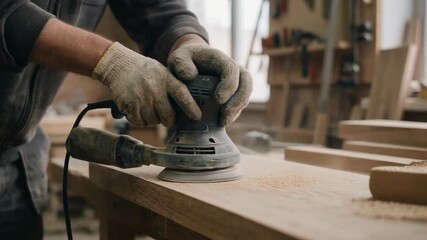 Skilled Carpenter Using Sander to Smooth Wood Surface in Workshop Environment