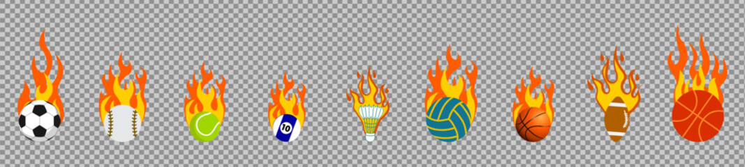 Sports balls icon set with flaming fire decoration for dynamic action design elements