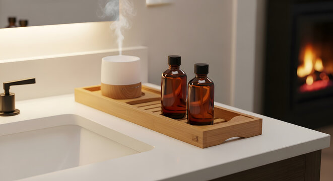 Minimalist bathroom counter with essential oil diffuser and ambe