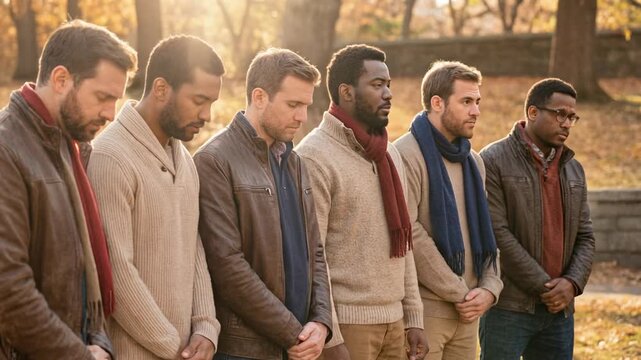 A group of men in warm attire paying respects in a serene autumn setting