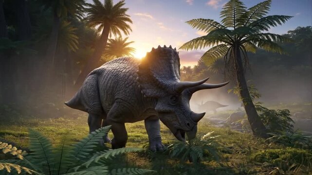 Massive Triceratops Walking Through Lush Primeval Forest Sunset