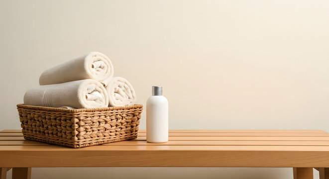 Rolled white towels in a wicker basket and a generic cosmetic bo