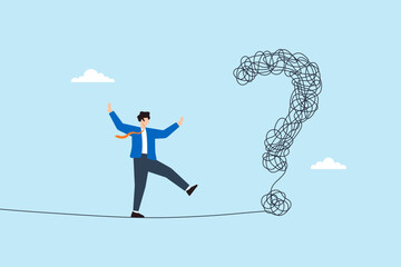 Obraz premium Flat illustration of businessman balancing and walking on line toward tangled question mark representing uncertainty risk taking decision making and problem solving