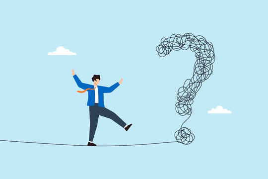 Flat illustration of businessman balancing and walking on line toward tangled question mark representing uncertainty risk taking decision making and problem solving