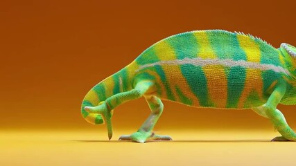 Close-up of a veiled chameleon walking across a vibrant green screen backdrop, concept for chroma key compositing, educational content and nature documentaries