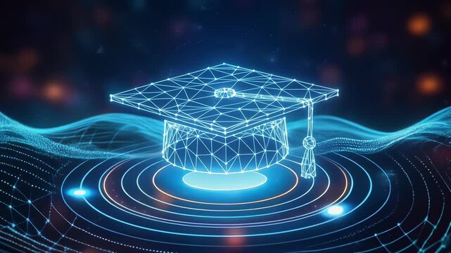 Elegant digital graduation cap design with glowing lines and colorful background for educational themes