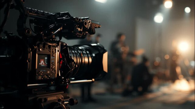 Professional film camera capturing crew working in studio environment  