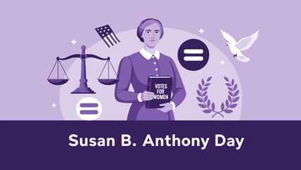 Illustration for Susan B. Anthony Day, featuring the suffragist holding a 'Votes for Women' book, surrounded by symbols of justice, equality, and freedom.