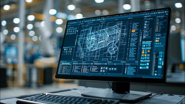 Industrial computer monitor displaying engineering blueprints in factory  