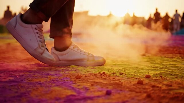 Close-up of white sneakers kicking up vibrant, happy holi powder during a backlit golden hour festival celebration.