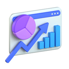 A 3D dashboard showing a blue rising arrow bar charts and a purple pie chart signifying business growth and financial success