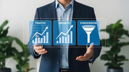 Businessman analyzing financial growth chart hologram with increasing graphs and statistics