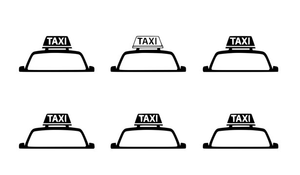 Simple Black and White Taxi Car Roof Sign Icons Flat Transportation Vector Set