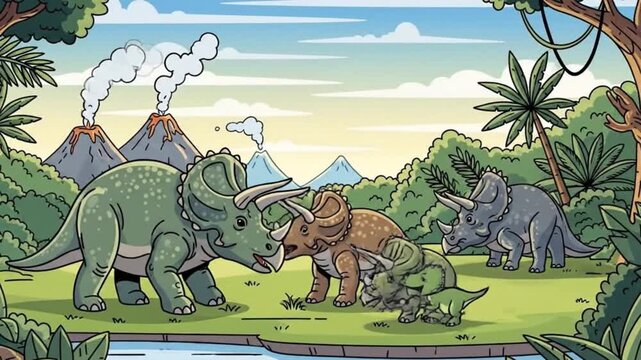 Triceratops Dinosaur Family Cartoon Prehistoric Jungle Volcano Scene