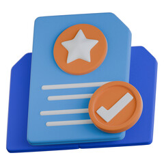 A 3D rendering of a document with a star and a checkmark badge symbolizing a successful premium subscription or membership plan