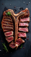 A beautifully cooked T-bone steak on a dark surface, showcasing the juicy, marbled meat and perfect grill marks, garnished with herbs for flavor.