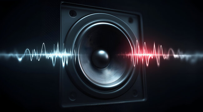 A modern speaker with sound waves visually represented in vibrant colors. Ideal for audio technology, music production, and sound engineering concepts.