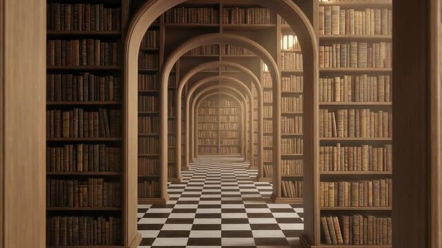 Stunning library interior with arched bookshelves and checkered floor, perfect for book lovers and interior design themes