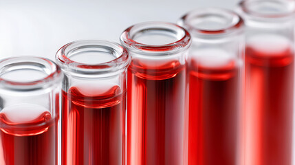 A close-up view of test tubes filled with red liquid, showcasing a laboratory setting. Ideal for healthcare, science, and research-related projects.