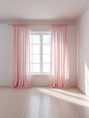 A serene interior scene featuring soft pink curtains draping elegantly over a large window, allowing natural light to fill the room with warmth.