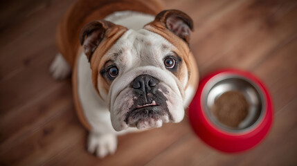 A close-up of a curious bulldog looking up expectantly beside its red food bowl, capturing the adorable essence of this lovable pet in a cozy home setting.