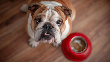A close-up of a cheerful bulldog seated near an empty red food bowl, showcasing its playful personality and loyalty in a home setting.