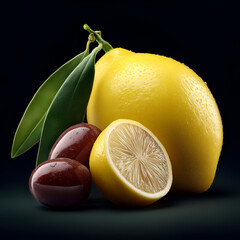 Vibrant yellow lemon and dark olives with leaves, highlighting fresh ingredients in a minimalist setup, perfect for culinary or health-related themes.