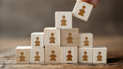 Human Resource Management: Wooden blocks with human icons, arranged in a pyramidal structure, signify building and teamwork concepts 