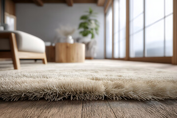 A soft, shaggy rug lies on a warm wooden floor, enhancing the cozy atmosphere of a modern living space filled with natural light.
